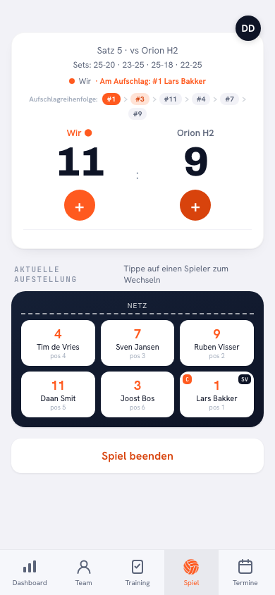 Fünfter Satz in der Koach-App: Stand 12:10 in Satz 5, Sätze 2:2, mit dem Hinweis Entscheidungssatz bis 15 und Seitenwechsel bei 8