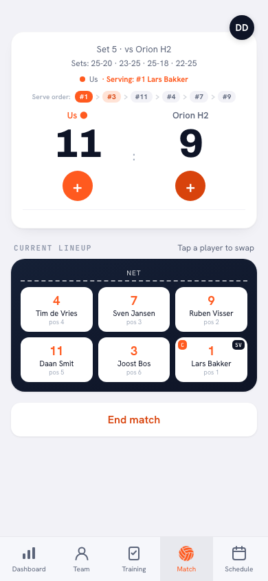 The fifth set in the Koach app: set score 2-2 and the scoring progression of the decisive set to 15 points