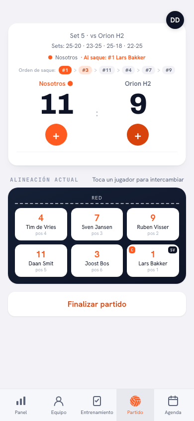 El quinto set en la app Koach: marcador de sets 2-2 y el desarrollo de la puntuación del set decisivo a 15 puntos