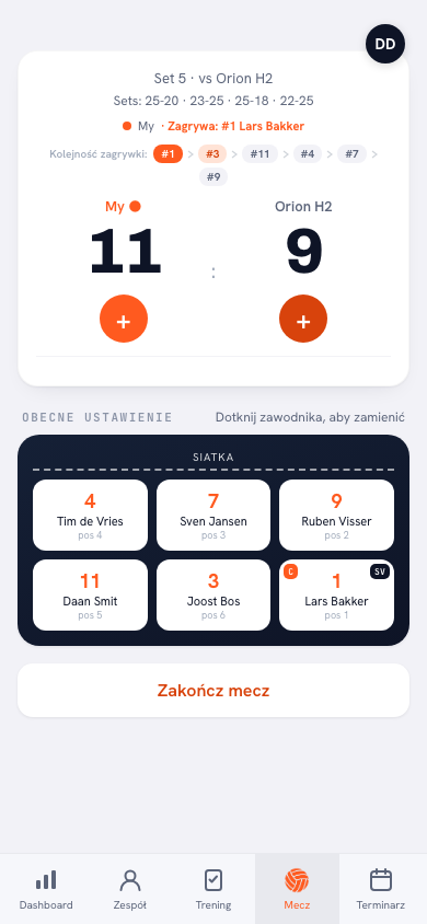Piąty set w aplikacji Koach: wynik 12-10 w secie 5, sety 2-2, z notatką o secie decydującym do 15 i zmianie stron przy 8