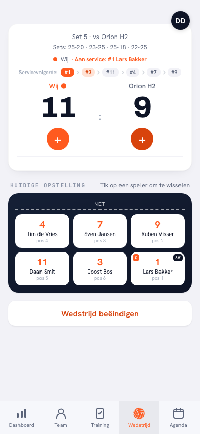 De vijfde set in de Koach-app: setstand 2-2 en het scoreverloop van de beslissende set tot 15 punten