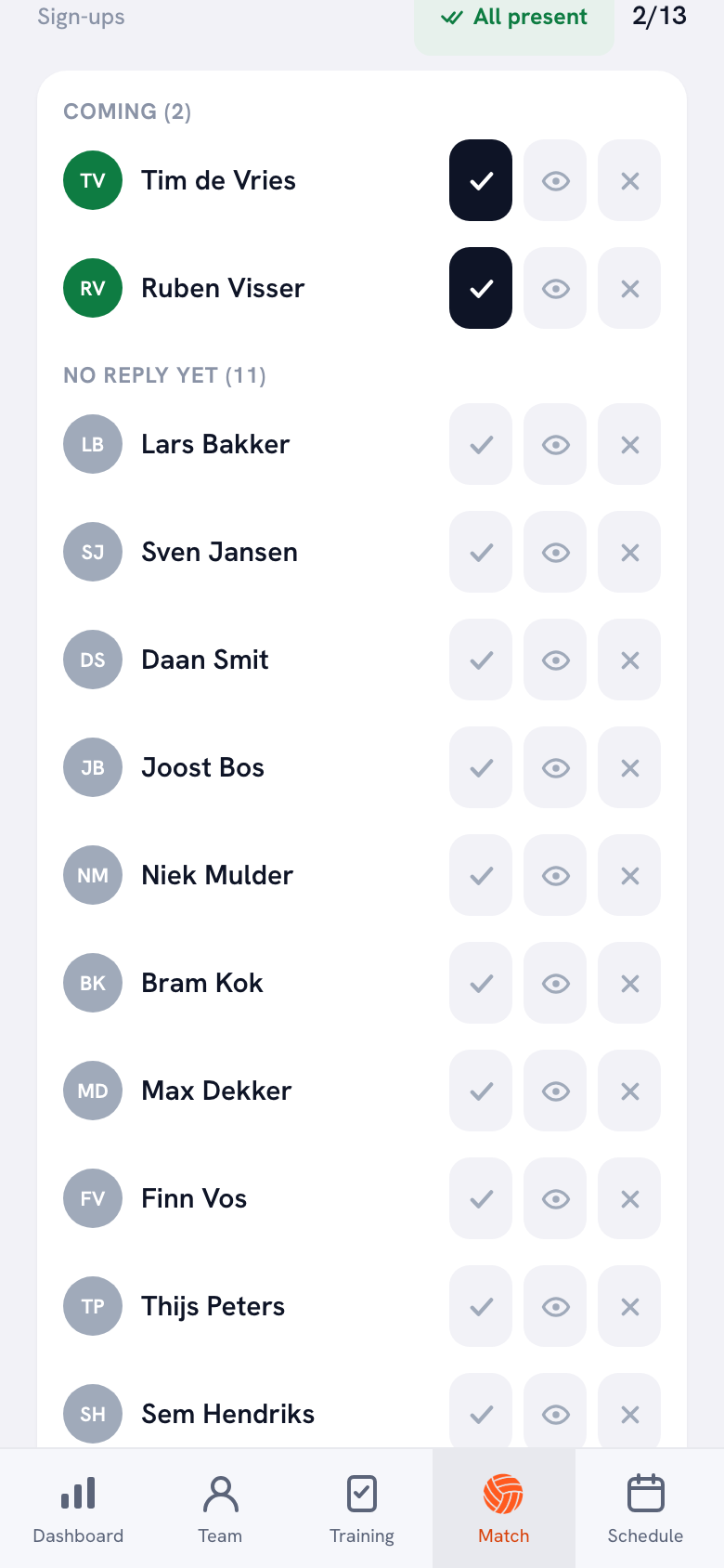 A match sign-up screen: at the top the group Coming with two names, below it No reply yet with eleven names, and next to every name a tick, an eye and a cross.