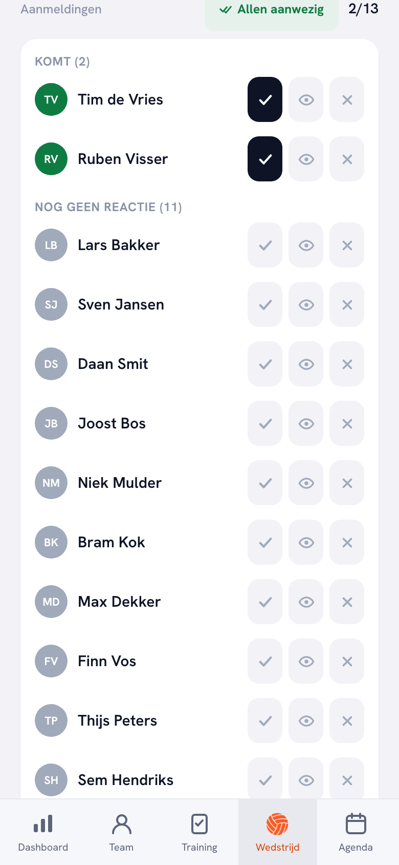 Het aanmeldingenscherm van een wedstrijd: bovenaan de groep Komt met twee namen, daaronder Nog geen reactie met elf namen, en achter elke naam een vinkje, een oogje en een kruisje.