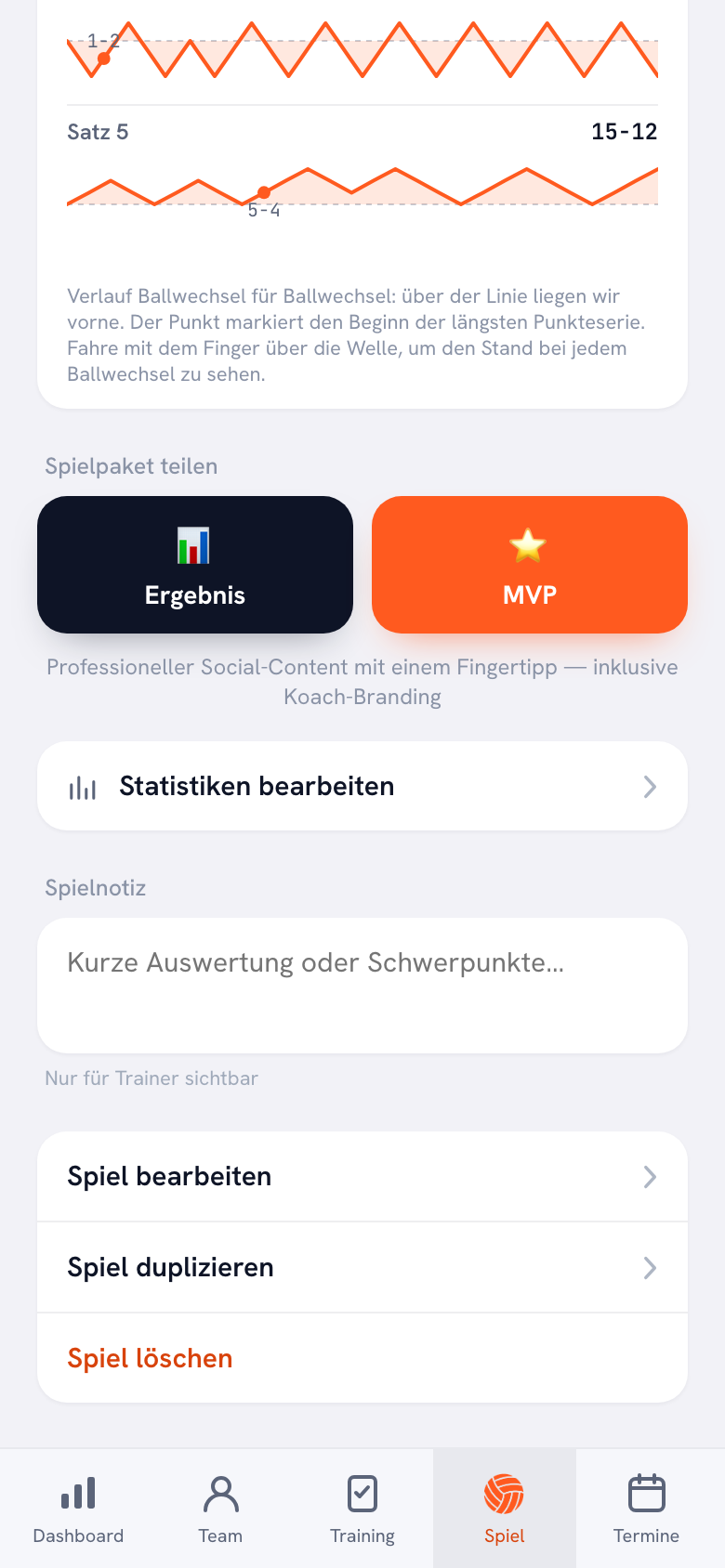 Unter einem gespielten Spiel stehen zwei Knöpfe nebeneinander: Ergebnis in Dunkel und MVP in Orange.