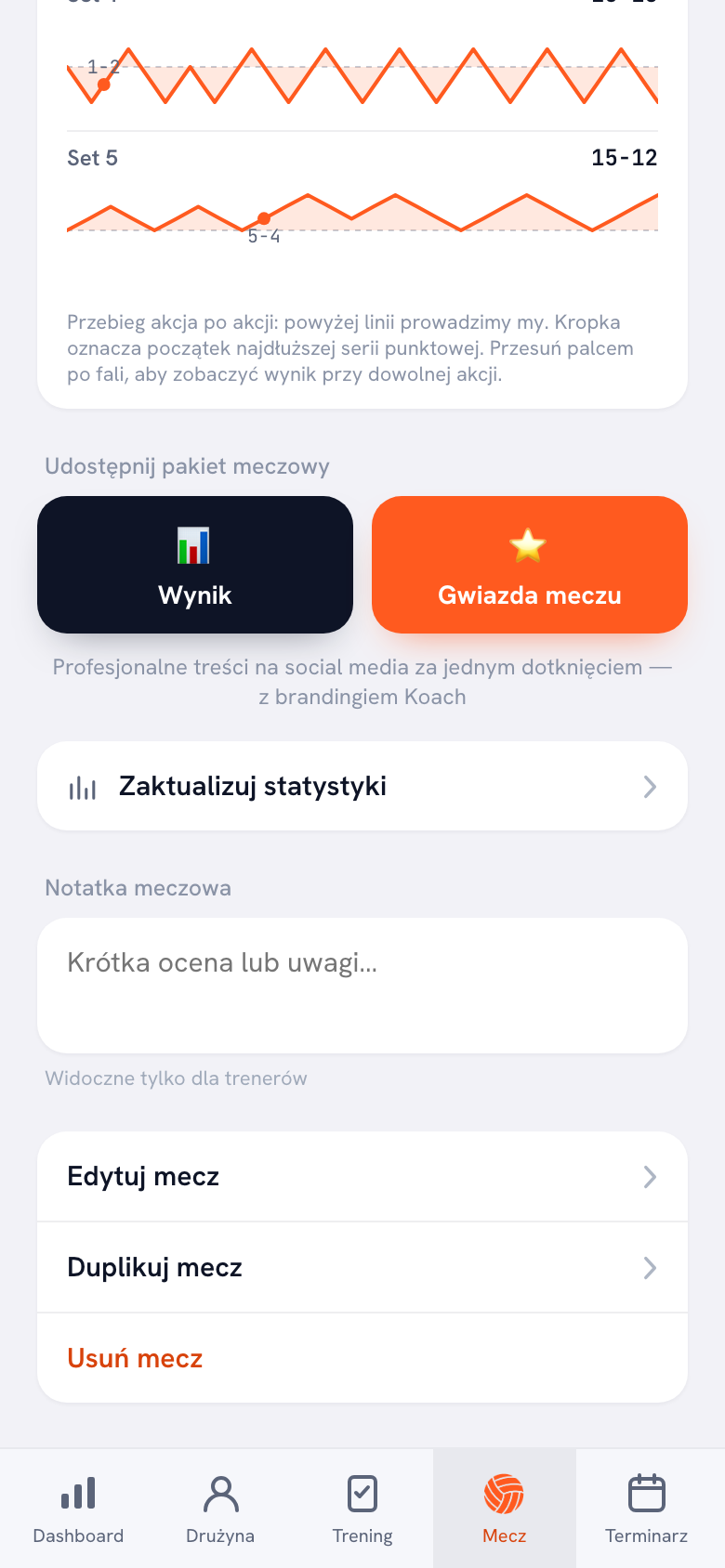 Na dole ekranu meczu blok Udostępnij pakiet meczowy z przyciskami Wynik i Gwiazda meczu, pod nim Zaktualizuj statystyki oraz pole Notatka meczowa z wierszem Widoczne tylko dla trenerów