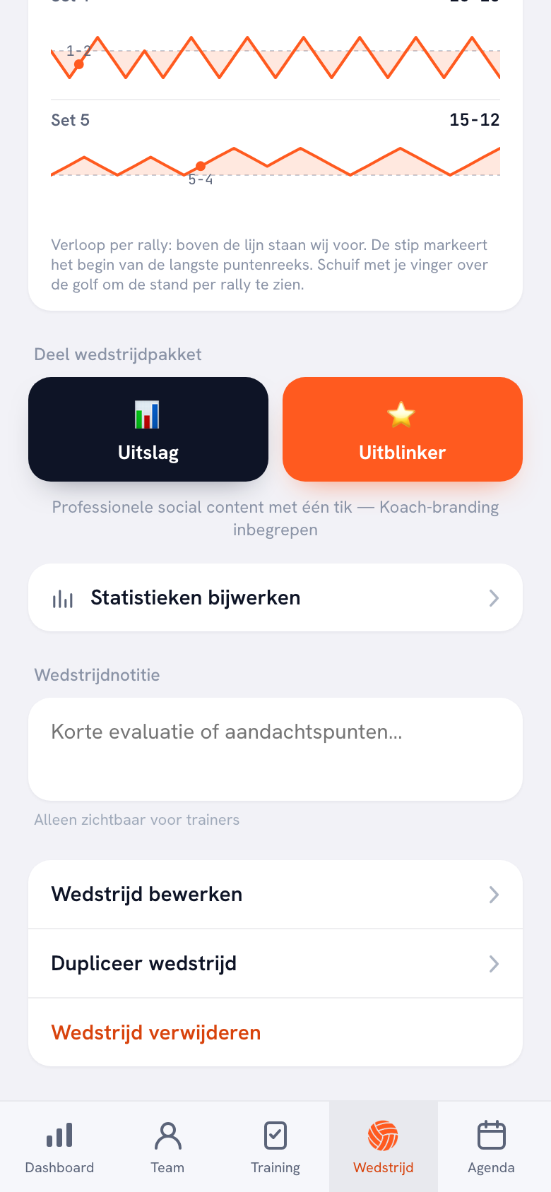 Onder een gespeelde wedstrijd staan twee knoppen naast elkaar: Uitslag in het donker en Uitblinker in het oranje.
