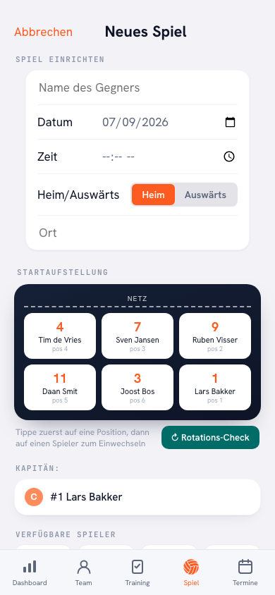 Neues Spiel in der Koach-App: Gegner Orion H2, Datum, Typ Liga und Auswahl Heim/Auswärts