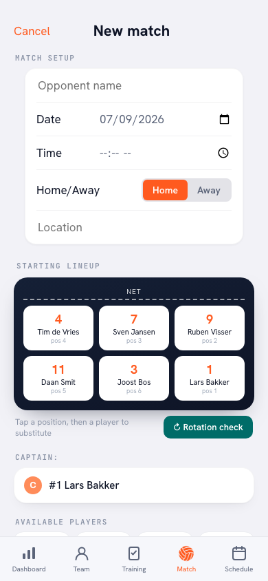 New match in the Koach app: opponent Orion H2, date, type league and home/away choice