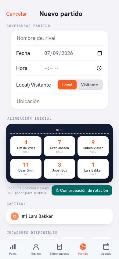 Nuevo partido en la app Koach: rival Orion H2, fecha, tipo liga y elección de local/visitante