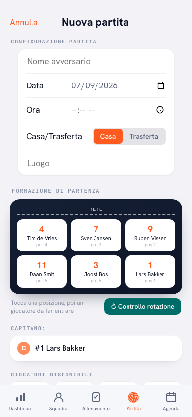 Nuova partita nell'app Koach: avversario Orion H2, data, tipo campionato e scelta casa/trasferta