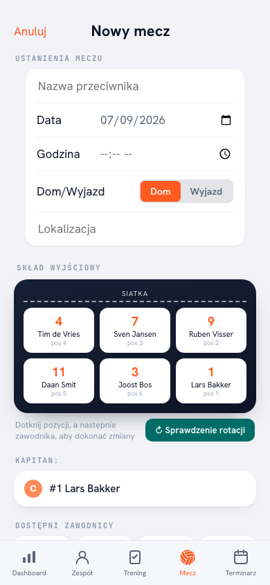 Nowy mecz w aplikacji Koach: przeciwnik Orion H2, data, typ liga i wybór dom/wyjazd