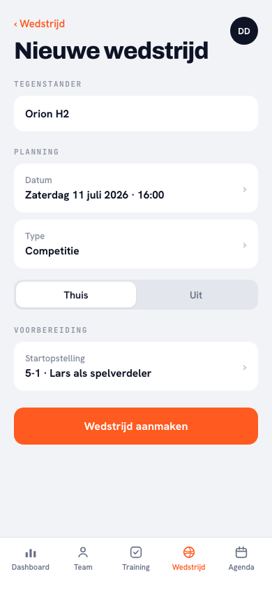 Nieuwe wedstrijd in de Koach-app: tegenstander Orion H2, datum, type competitie en thuis/uit-keuze