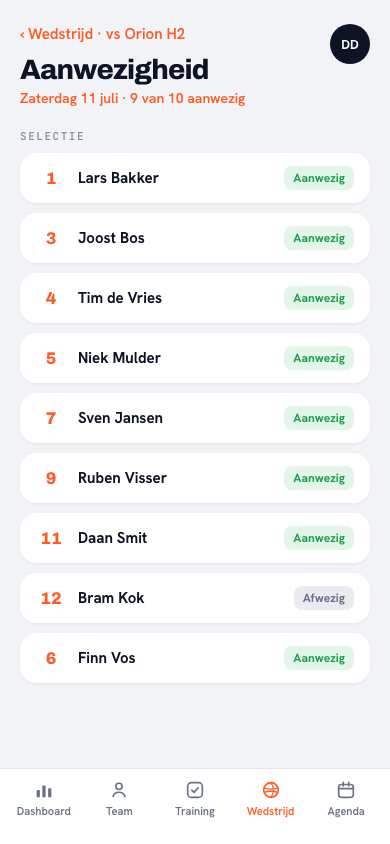 Wedstrijdaanwezigheid in de Koach-app: per speler aanwezig of afwezig, met teller 9 van 10
