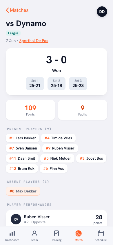 Match report in the Koach app as preparation for the debrief