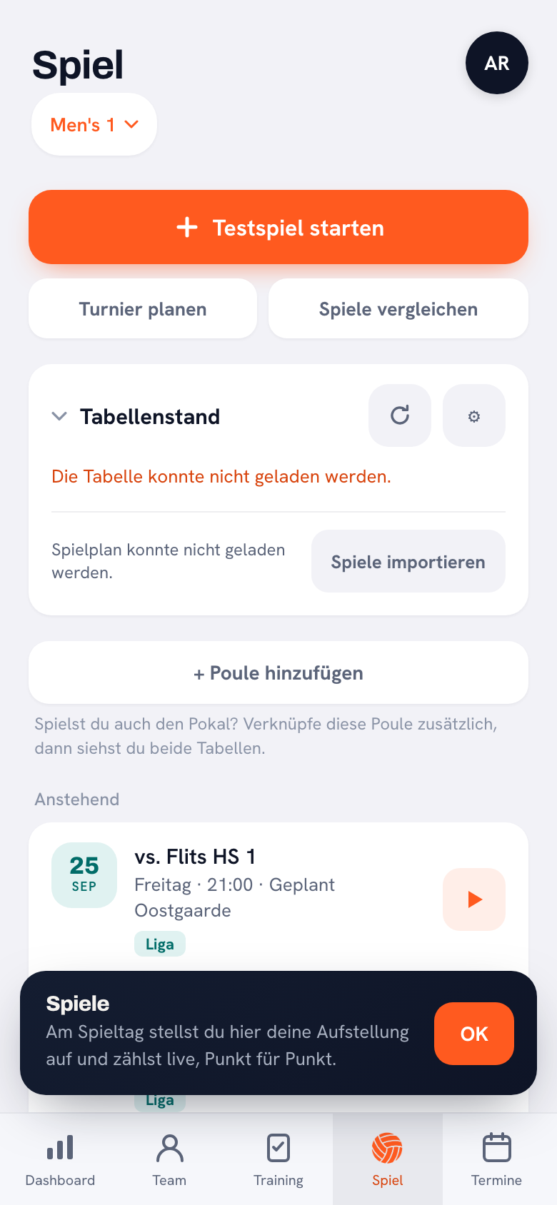 Der Reiter Spiel mit der Schaltfläche zum Starten eines Freundschaftsspiels und darunter der Block Tabelle mit dem Hinweis, dass der Stand nicht geladen werden konnte.