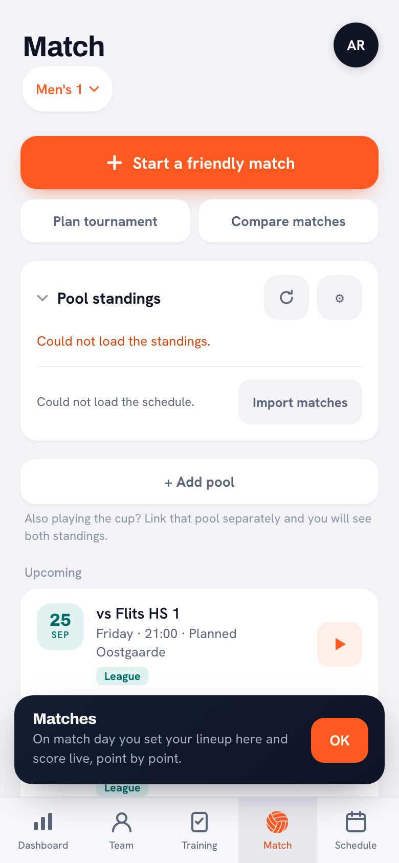 The Match tab with a button to start a friendly match at the top and, below it, the Pool standings block reporting that the standings could not be loaded.