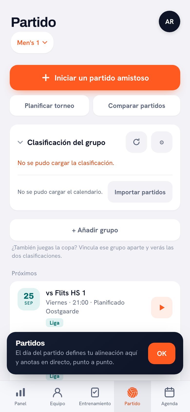 La pestaña de partidos con el botón para empezar un amistoso arriba y, debajo, el bloque de clasificación con el aviso de que no se ha podido cargar.