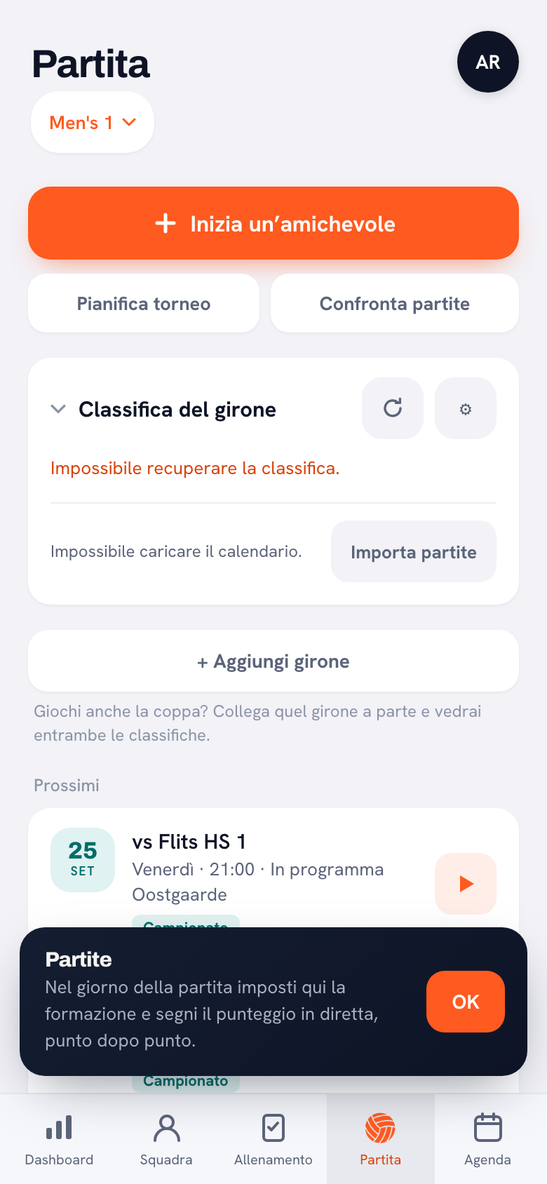La scheda delle partite con in alto il pulsante per iniziare un'amichevole e sotto il blocco della classifica con l'avviso che non è stato possibile caricarla.
