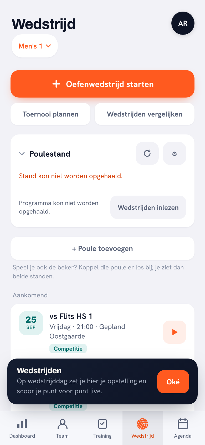 Het tabblad Wedstrijd met bovenin de knop Oefenwedstrijd starten en daaronder het blok Poulestand met de melding dat de stand niet kon worden opgehaald.