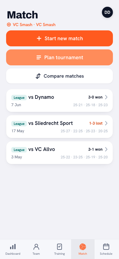 Match overview in the Koach app with the linked league table: per team position, played, points and sets