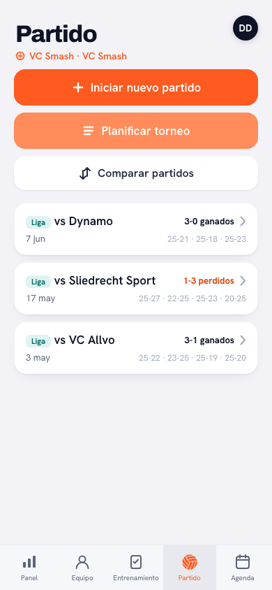 Resumen de partidos en la app Koach con el rival, la fecha y el resultado de cada partido