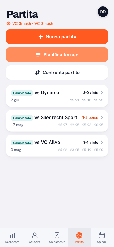 Riepilogo partite nell'app Koach con avversario, data e risultato per ogni partita