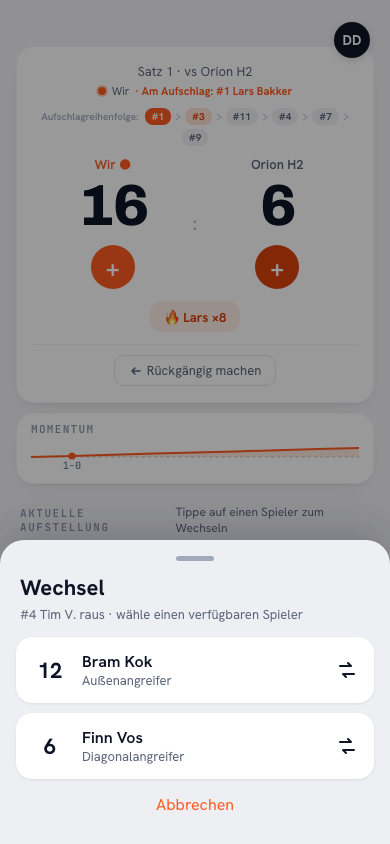 Wechselbildschirm in der Koach-App: Nummer 11 geht raus, mit zwei verfügbaren Einwechselspielern und ihrer Position