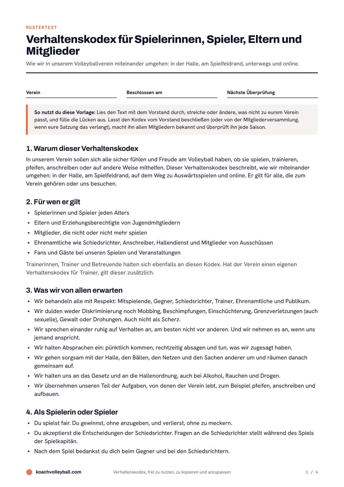 Seite 1 der Vorlage Verhaltenskodex Sportverein: Felder zum Ausfüllen, ein Hinweis zur Nutzung und die Abschnitte 1 bis 4