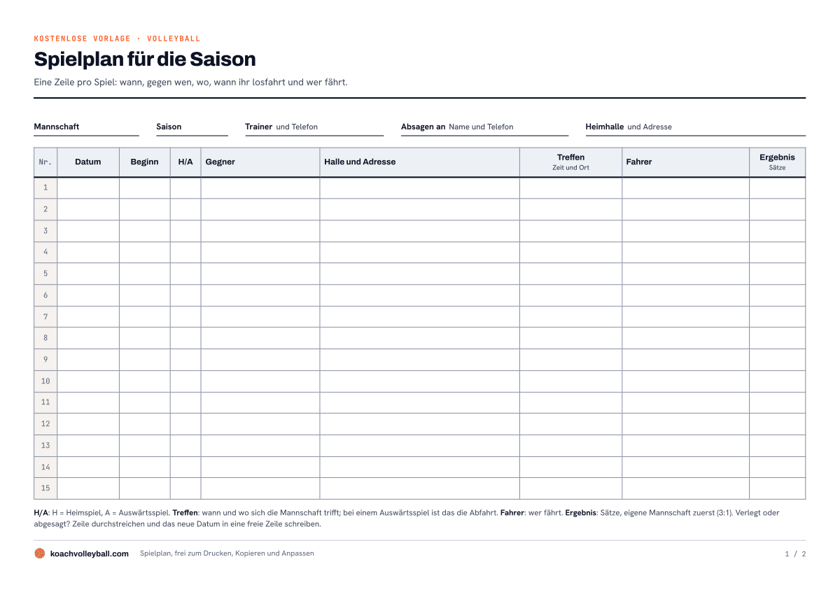 Vorschau des Spielplans als PDF: Felder für Mannschaft, Saison, Trainer und Heimhalle und fünfzehn leere Spielzeilen