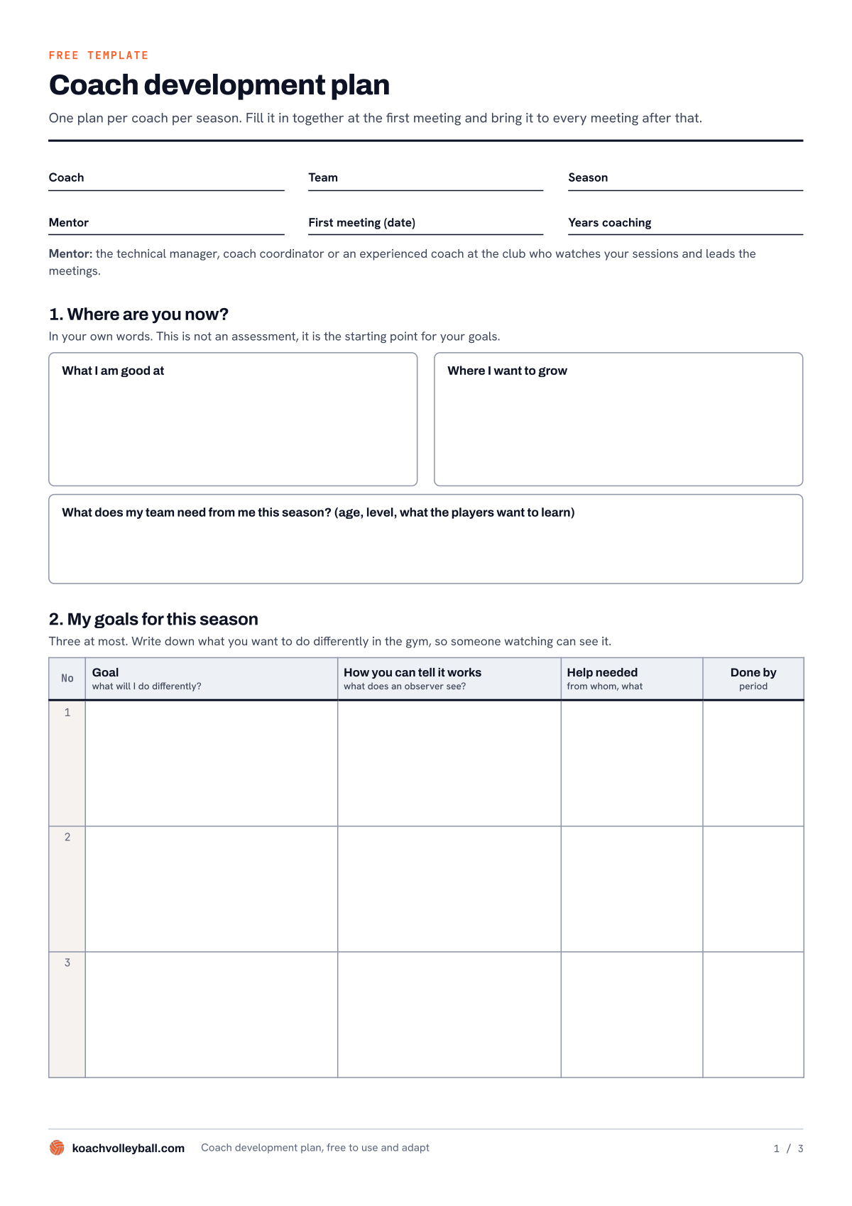 Example of the coach development plan: fields for coach and mentor, the question where are you now, and a table for three goals