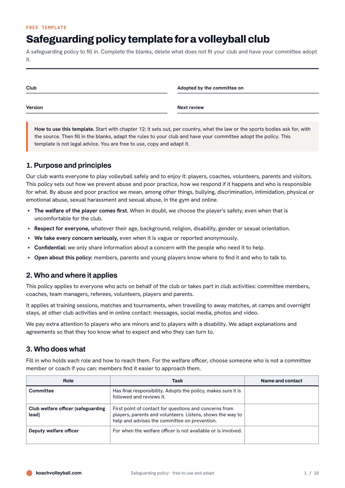 First page of the safeguarding policy template for a volleyball club, with fields to fill in and chapters 1 to 3