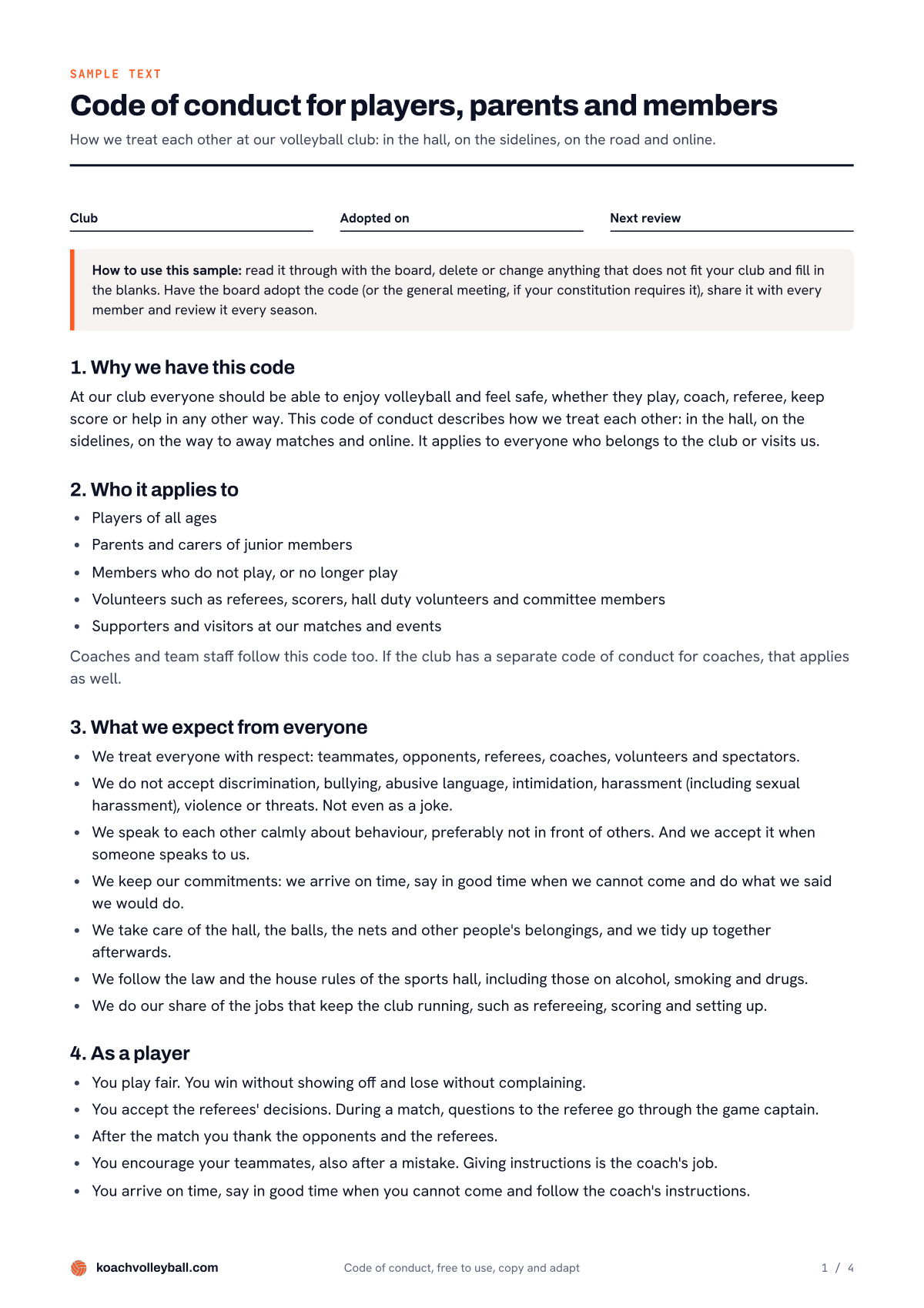Page 1 of the sports club code of conduct template: blanks to fill in, a tip on using it and sections 1 to 4