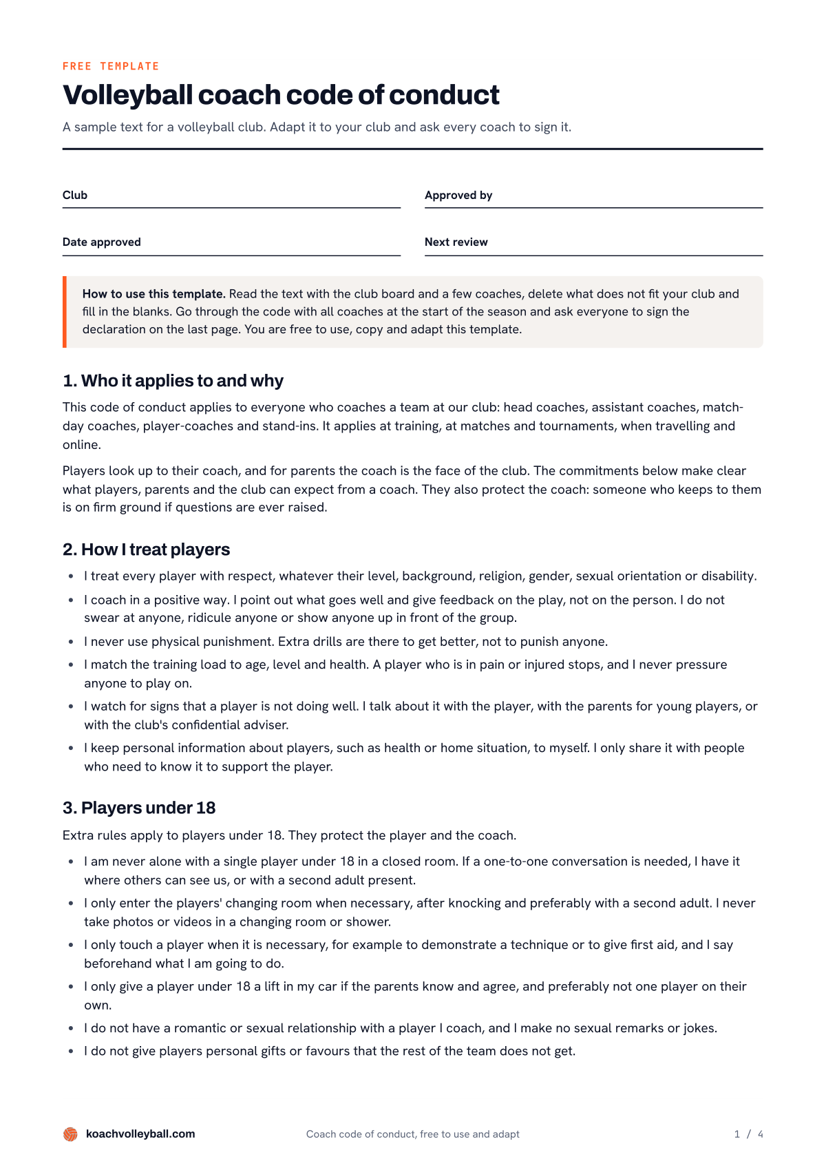 Page 1 of the volleyball coach code of conduct: fields for the club and the dates, a tip on how to use it and the first three sections