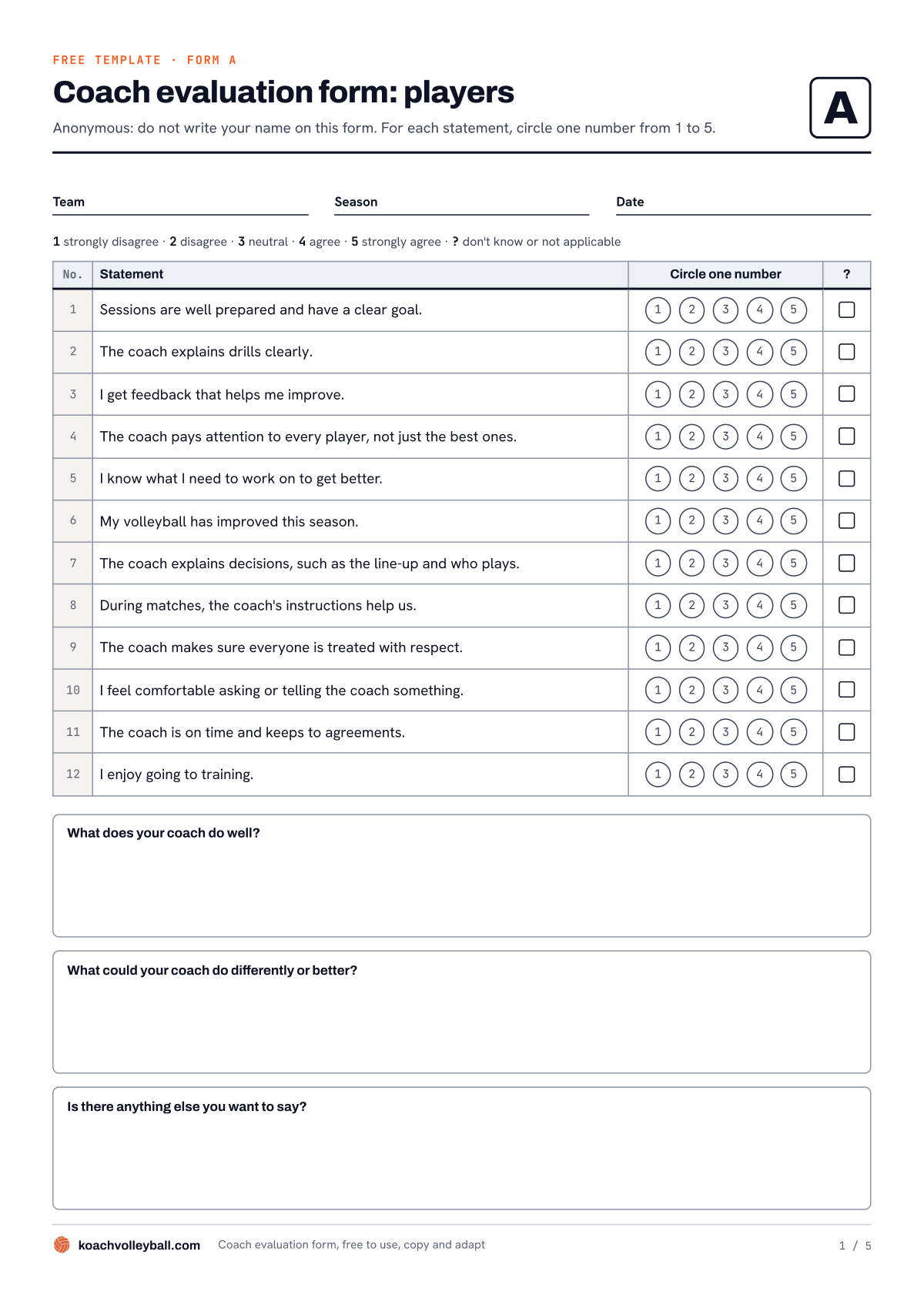 Page 1 of the coach evaluation form: twelve statements for players with circles from 1 to 5 and three open questions
