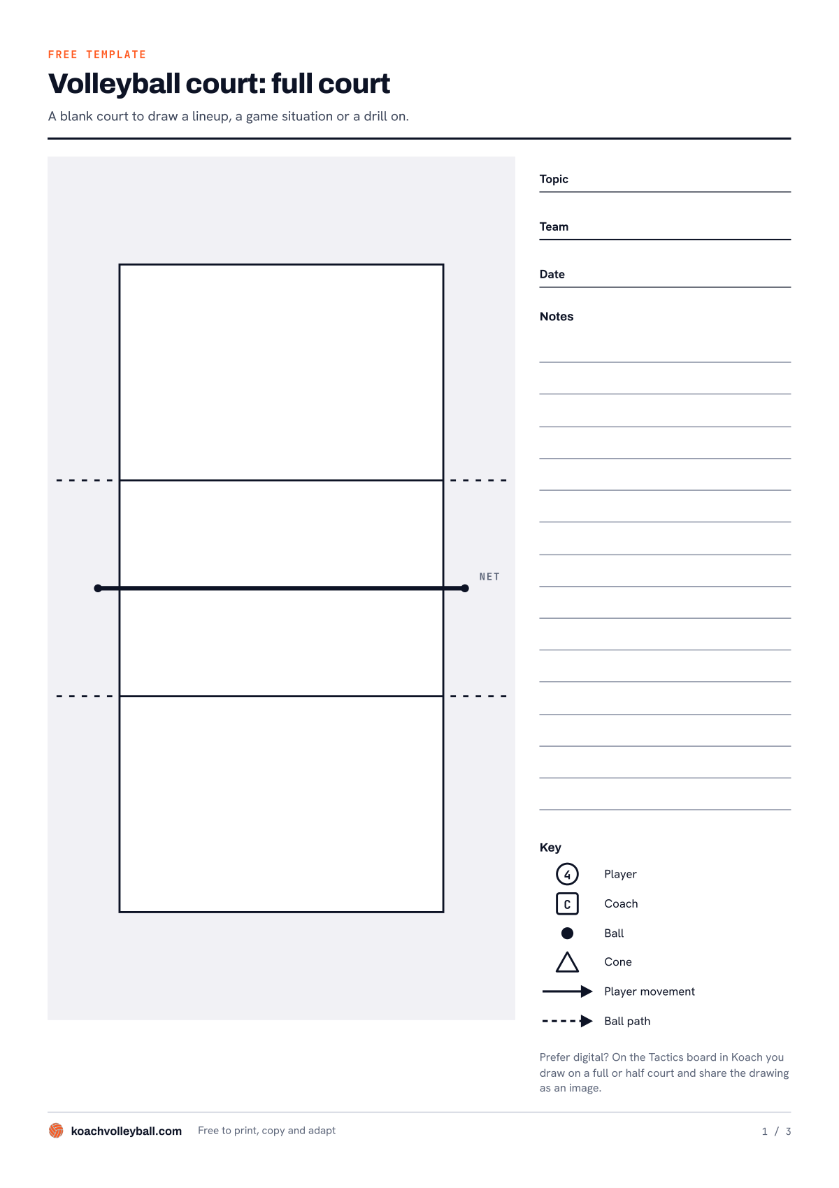 Preview of the full court volleyball template: a blank court with the net and attack lines, lines for topic, team and date, notes and a key