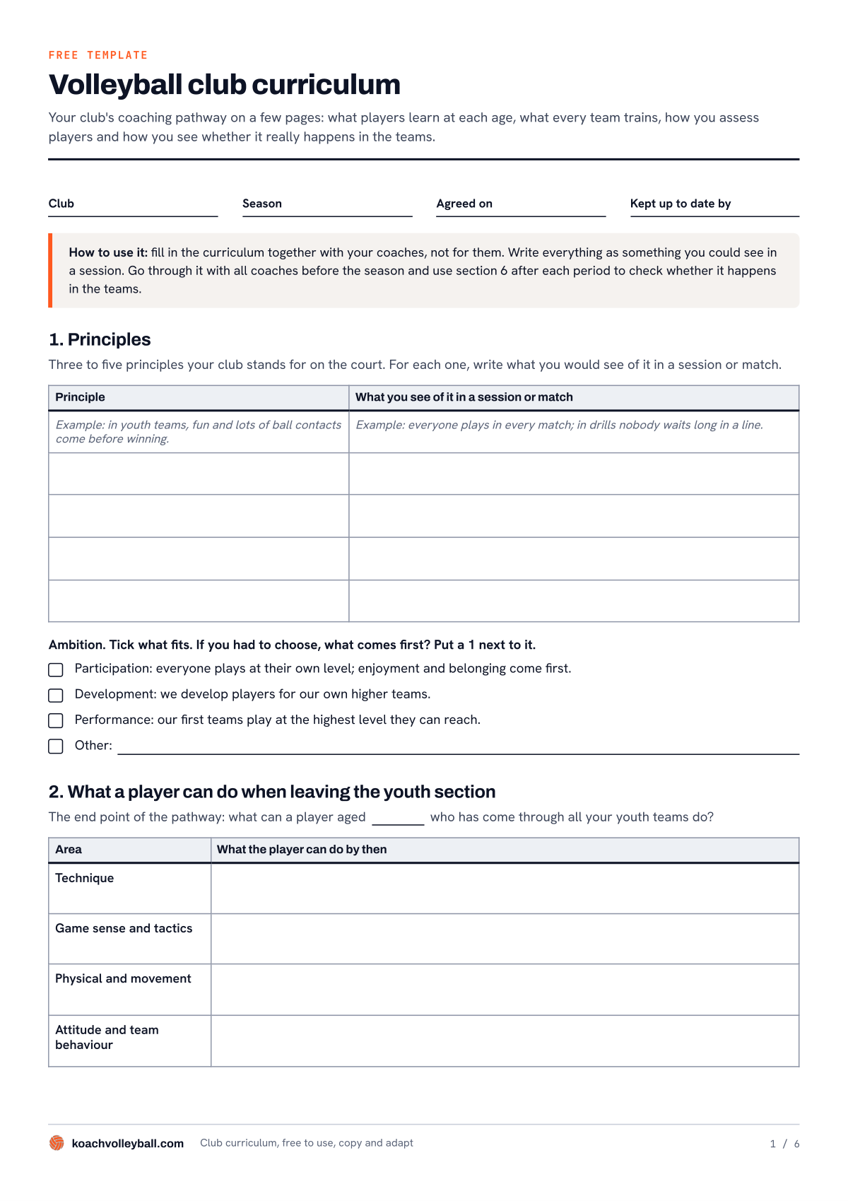 First page of the volleyball curriculum template with the club's principles, the ambition and what a player can do when leaving the youth section