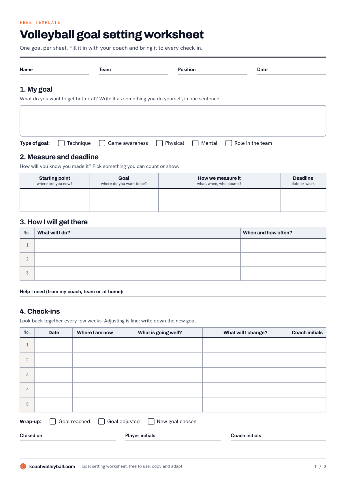 Preview of the volleyball goal setting worksheet: boxes for the goal, the measure and deadline, three actions and five check-ins with initials