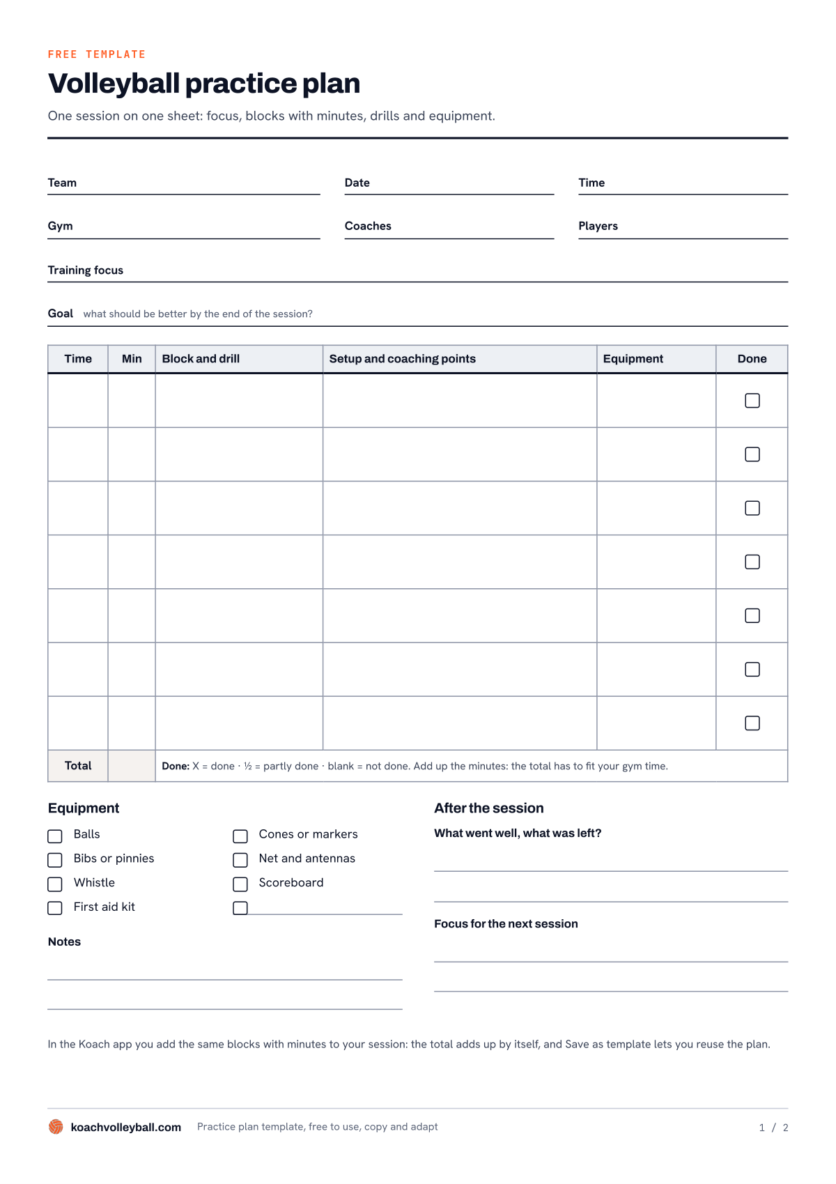 The blank volleyball practice plan template: fields for team, date and training focus, a table with seven blocks and an equipment checklist