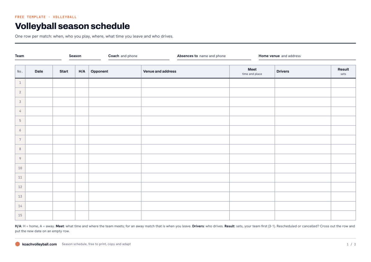 Preview of the volleyball season schedule PDF: fields for team, season, coach and home venue, and fifteen empty match rows
