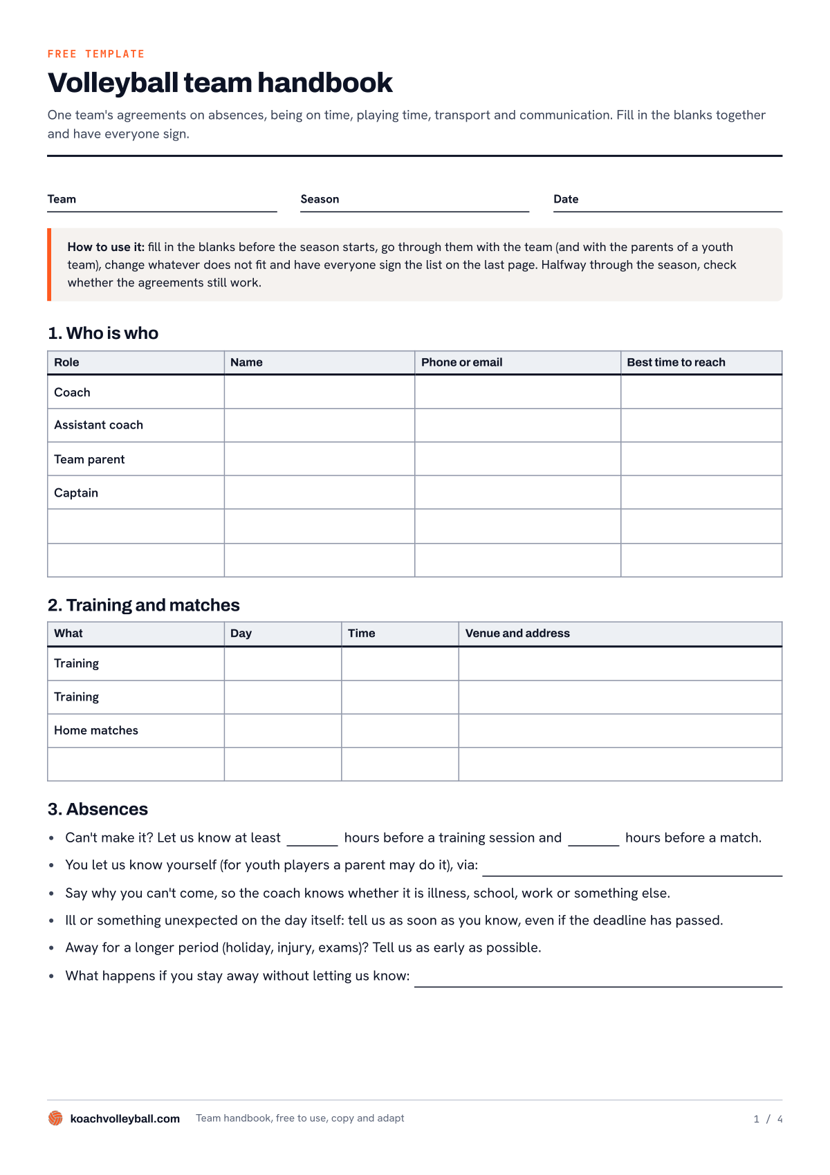 First page of the volleyball team handbook: team and season, a who is who table, training times and the rules on absences