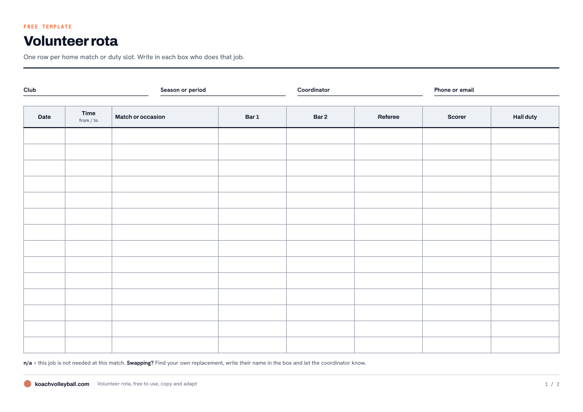 Preview of the printable volunteer rota, with columns for date, time, match, bar, referee, scorer and hall duty