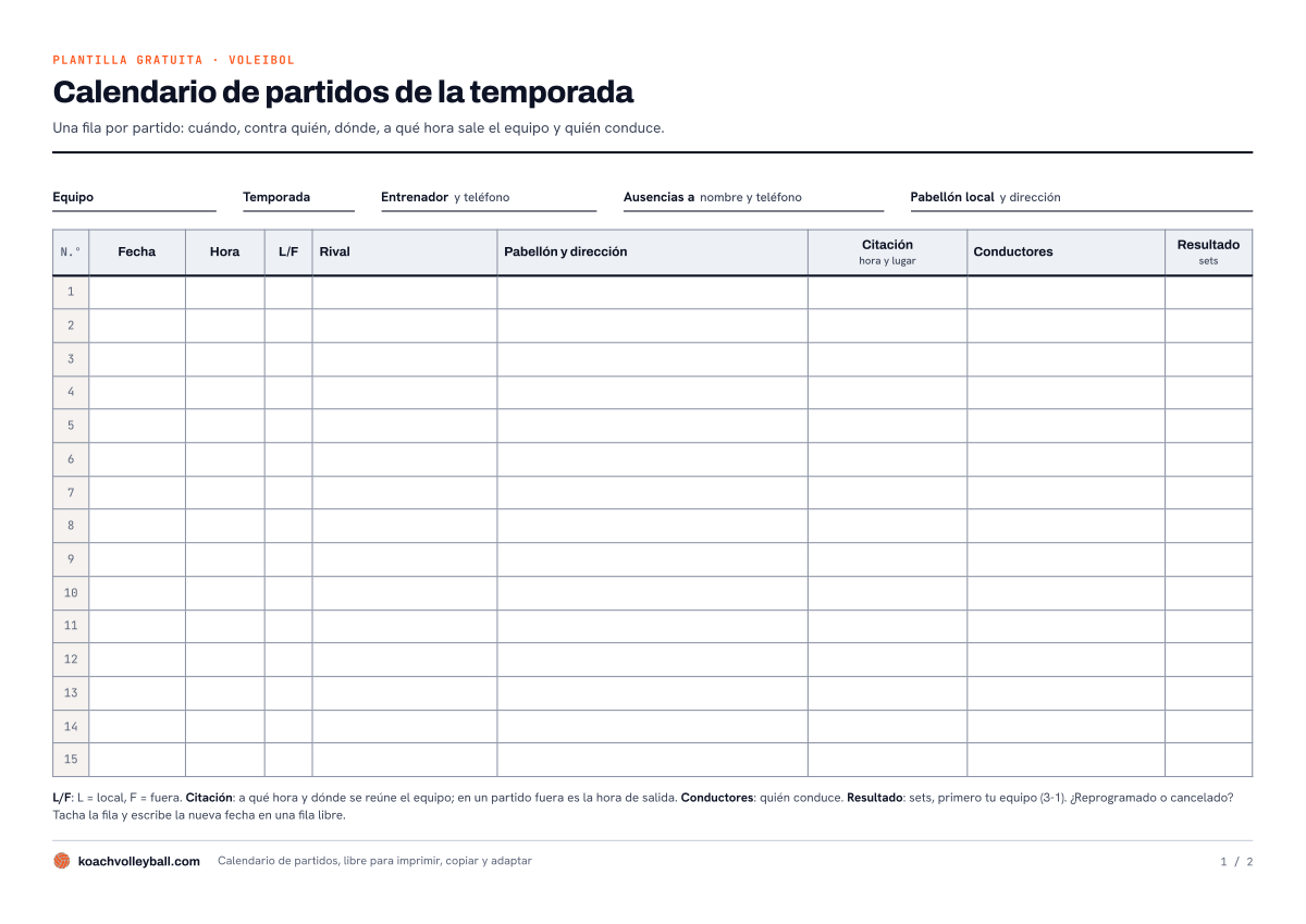 Vista previa del calendario de partidos en PDF: campos para equipo, temporada, entrenador y pabellón local, y quince filas de partidos en blanco