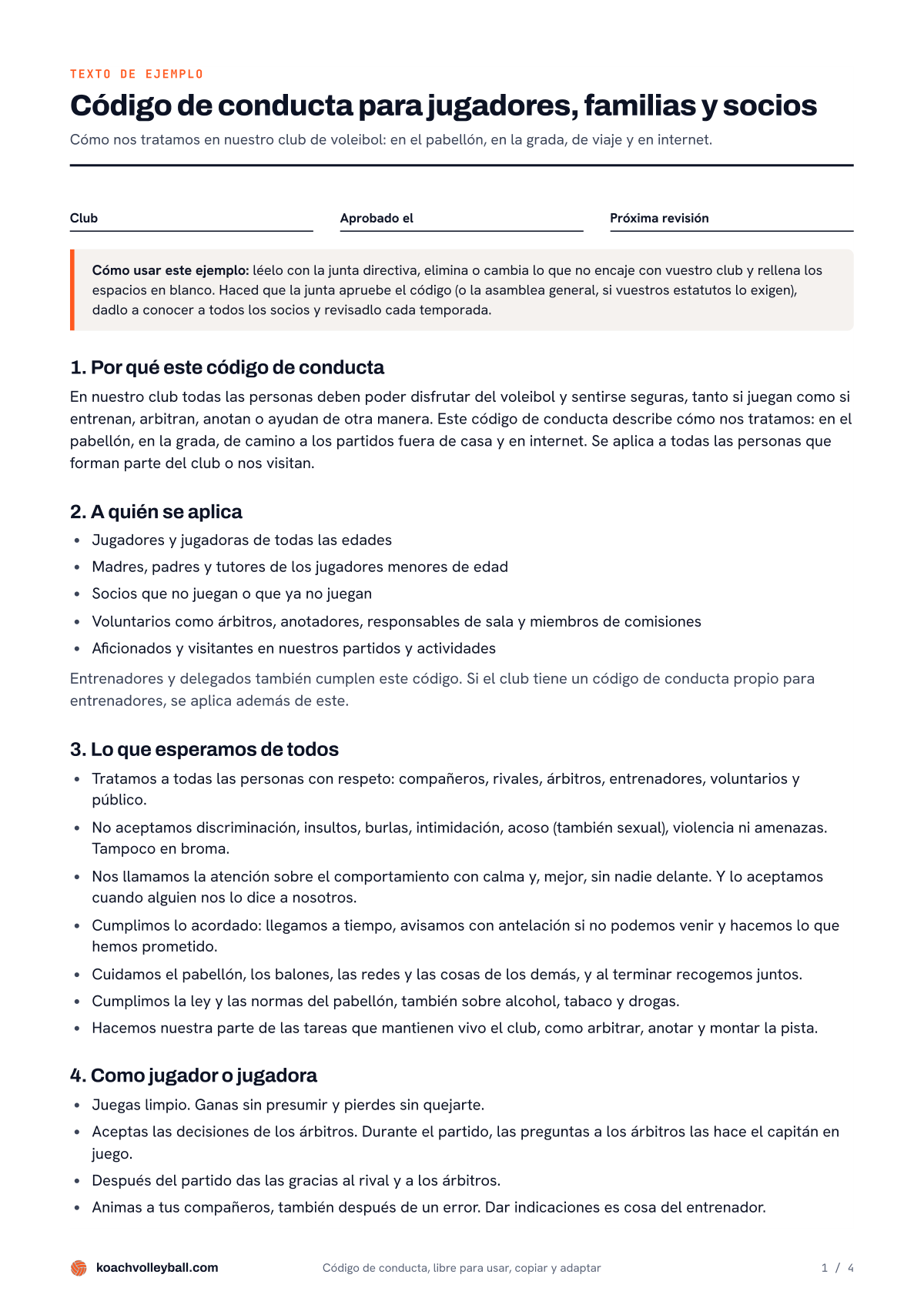 Página 1 de la plantilla de código de conducta del club deportivo: campos para rellenar, un consejo de uso y los apartados 1 a 4