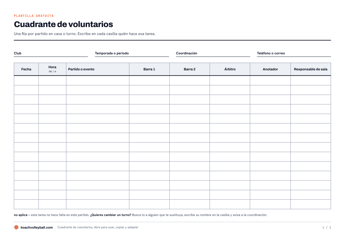 Vista previa del cuadrante de voluntarios para imprimir, con columnas para fecha, hora, partido, barra, árbitro, anotador y responsable de sala