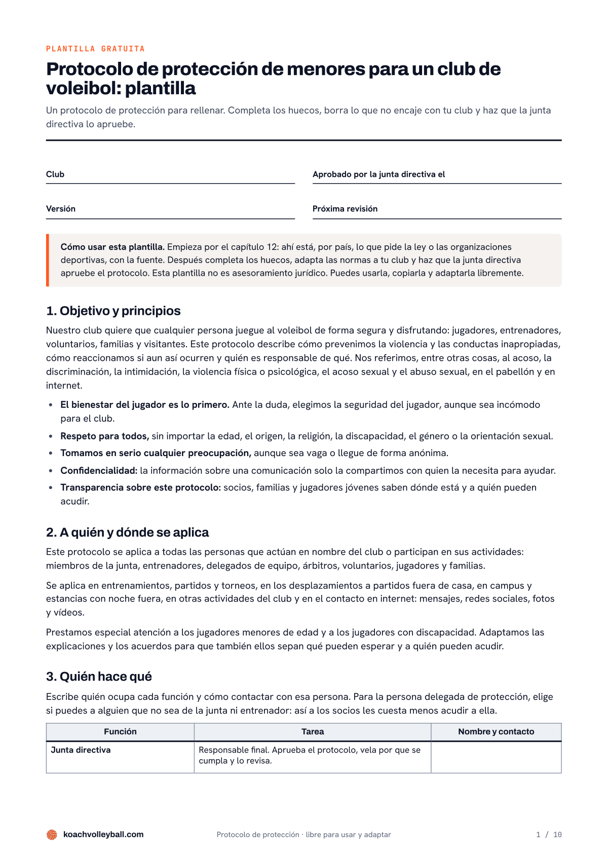 Primera página de la plantilla de protocolo de protección de menores para un club de voleibol, con campos para rellenar y los capítulos 1 a 3