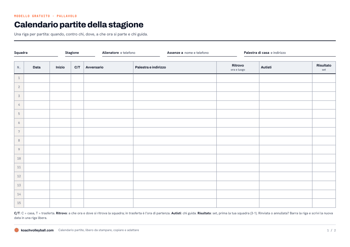 Anteprima del calendario partite in PDF: campi per squadra, stagione, allenatore e palestra di casa, e quindici righe di partite vuote