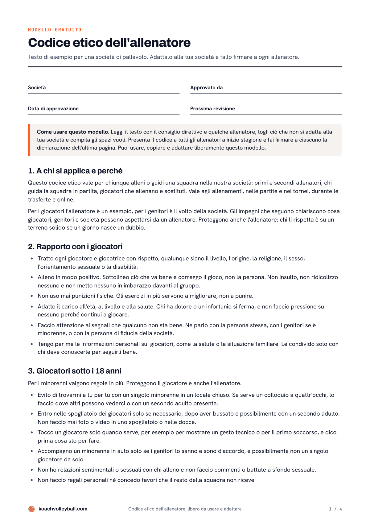 Pagina 1 del codice etico dell'allenatore: campi per società e data, un consiglio d'uso e le prime tre sezioni