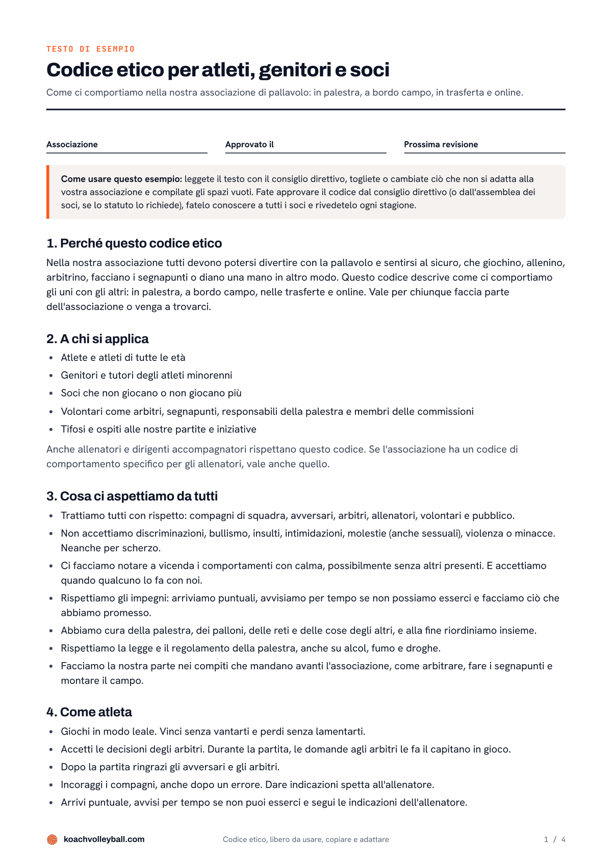 Pagina 1 del modello di codice etico ASD: campi da compilare, un consiglio d'uso e le sezioni da 1 a 4