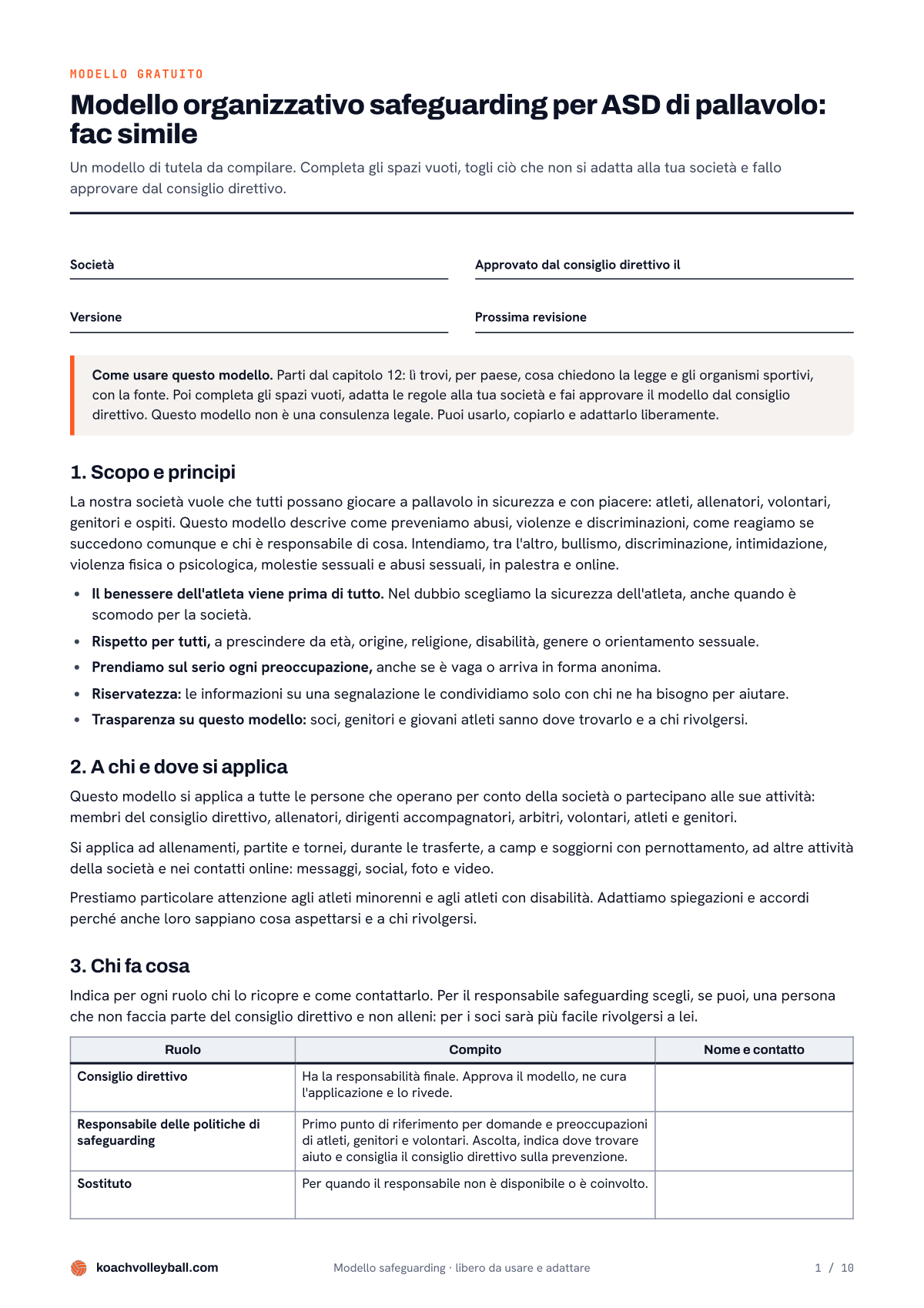Prima pagina del fac simile di modello organizzativo safeguarding per una ASD di pallavolo, con i campi da compilare e i capitoli da 1 a 3