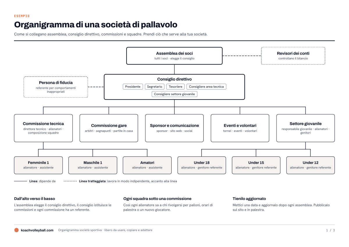 Esempio di organigramma di una società di pallavolo: assemblea dei soci, consiglio direttivo, cinque commissioni e sei squadre